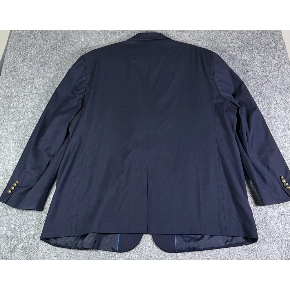 Oak Hill Perfect Fit Sport Coat Blazer Mens 52L Navy Blue Brass Buttons Stretch